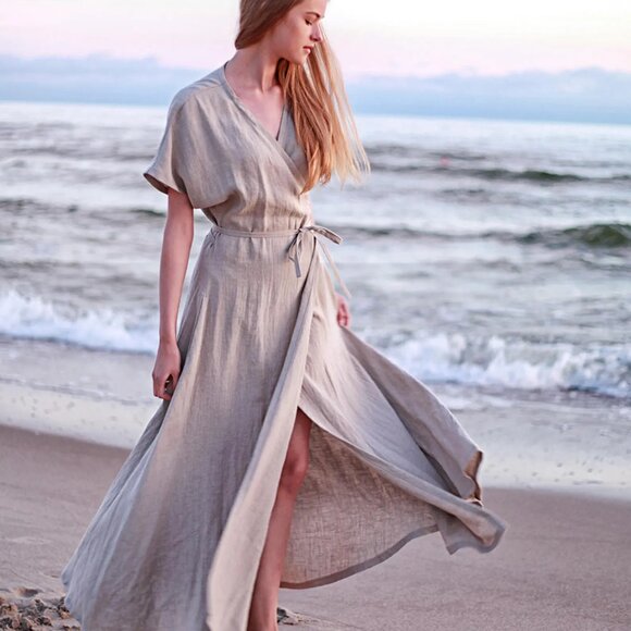 Linen Wrap Maxi Dress | Eggplant Color | Size M - Picture 3 of 10